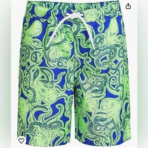 New Boys Lands' End Husky Printed Electric Blue Octopus Volley Swim Trunks